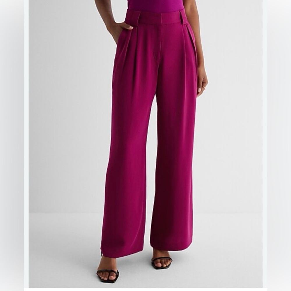 Express Women’s Pink Stylist High Waisted Pleated Wide Leg Pant Linen Size 8L